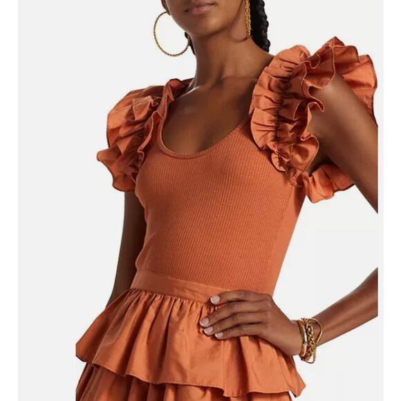 Ulla Johnson Dress Womens 14 Hanna Ruffle Mini Tiered Boho Summer Orange Chic - Picture 3 of 15